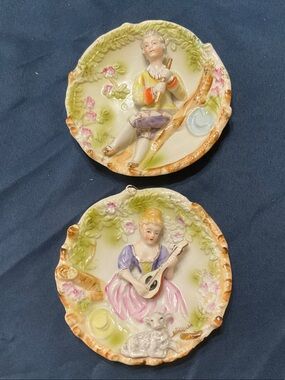 Lenwile Ardalt -Painted Pastel Bisque Wall Plates with Musical Figurines -